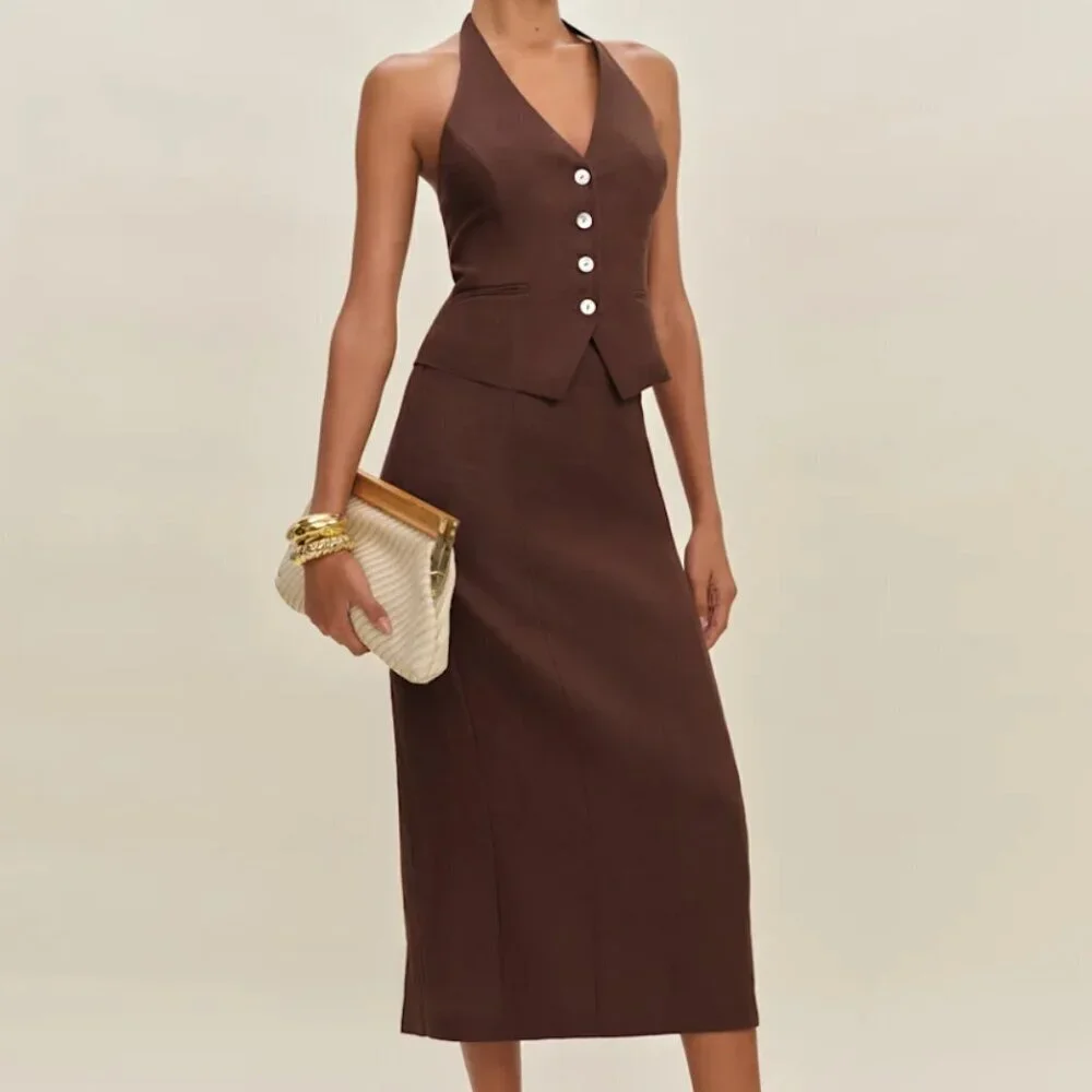 Reformation Hazen Linen Two Piece Brown - Size 0